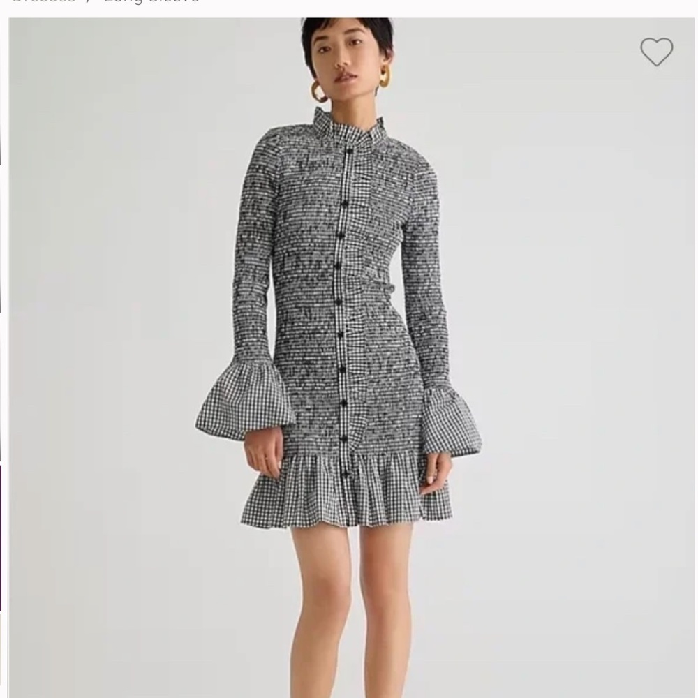 J. Crew Smocked button-up mini dress in gingham plaid Size S black white cotton